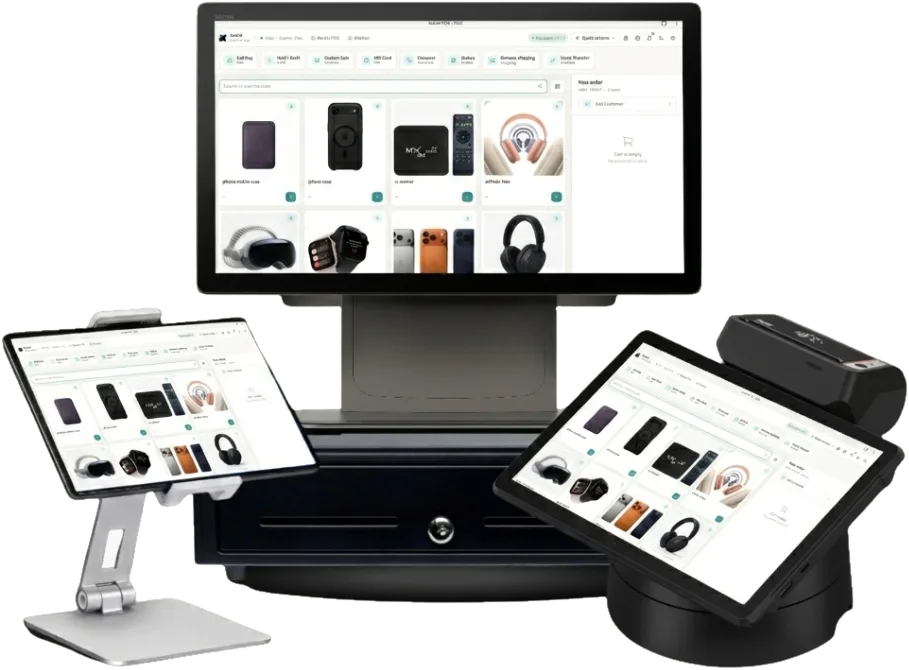 Kushk Cashier hardware: a touchscreen register, tablet stands, a card reader, and a cash drawer, all running Kushk POS